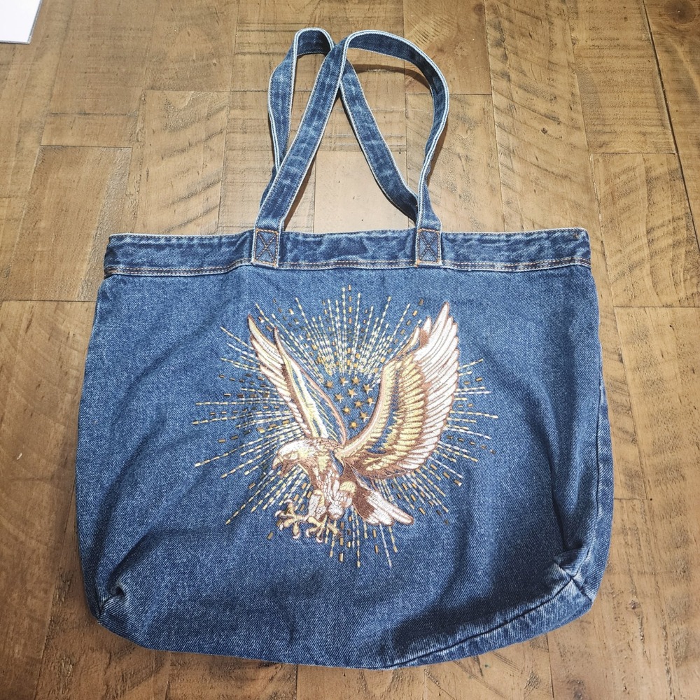 D&G Dolce & Gabbana Denim Tote Bag Embroidered Eagle Graphic Blue Vintage Style